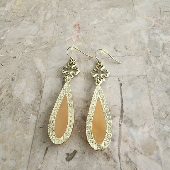 Stony Earrings with Peach-Colored Teardrops Dangling from Ornate Crosses - Picture 6 of 6